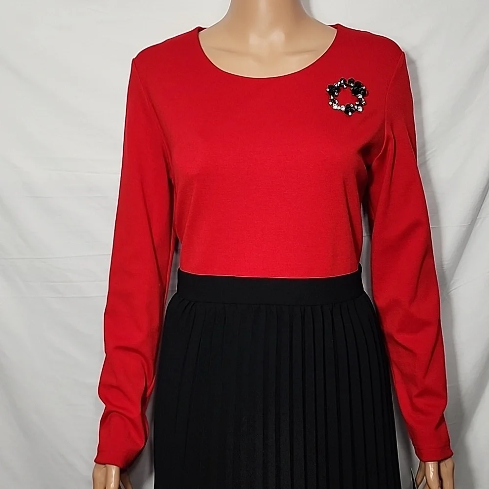 Leslie‎ Fay long Sleeve Pleated Midi Dress Red And Black Size 12 NWT